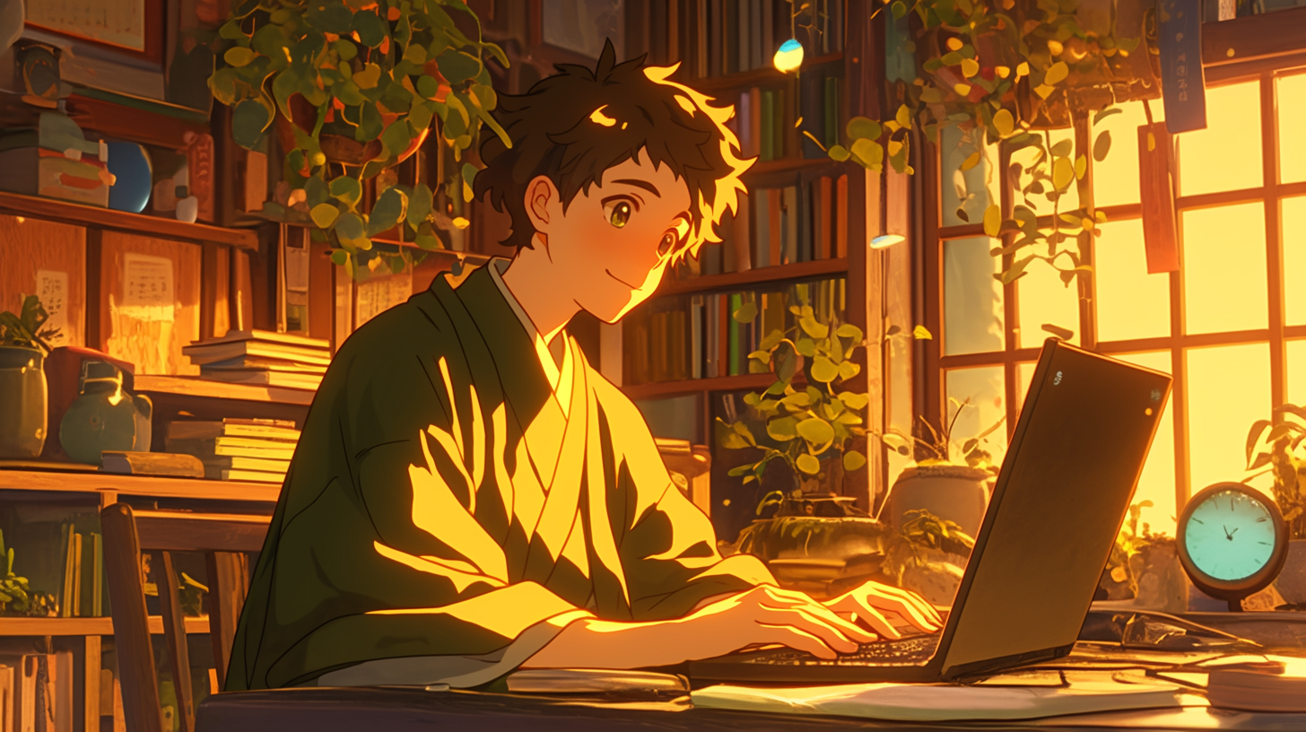 会社員のAI副業をイメージした、ノートPCに向かう男性のイラスト